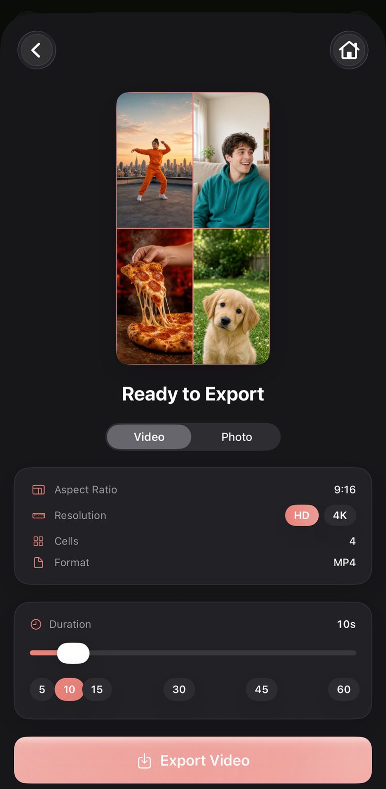 Ready to Export screen: a preview of the finished four-video collage, video or photo, aspect ratio 9:16, HD or 4K resolution, four cells, MP4, and a duration slider from 5 to 60 seconds.
