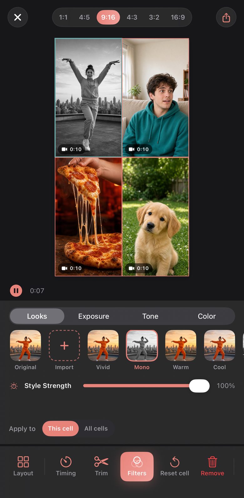 Filters panel with Looks, Exposure, Tone and Color tabs, an Import button for your own LUTs, and a Mono look applied to the top-left cell of a four-video grid.