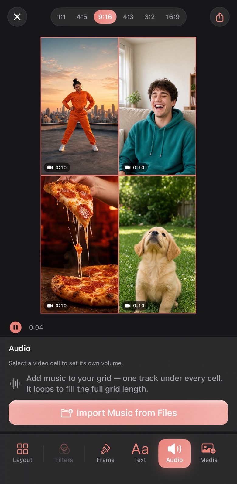Audio panel under a four-video grid: select a cell to set its own volume, or import music from Files to play under every cell.
