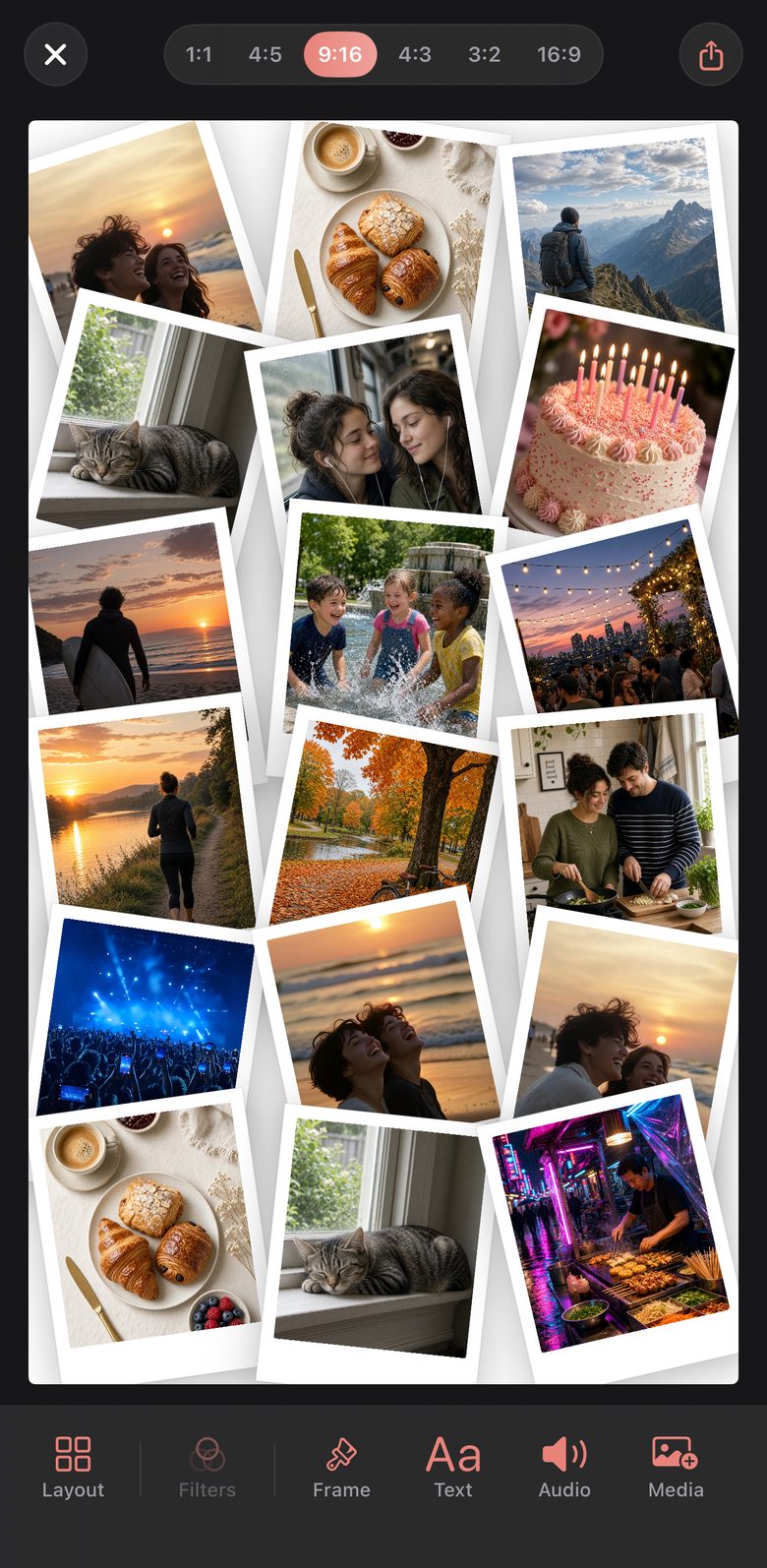 Polaroid Pile layout in 9:16, with overlapping tilted photos: friends on a beach at sunset, breakfast, hikers, a cat, a birthday cake and more.