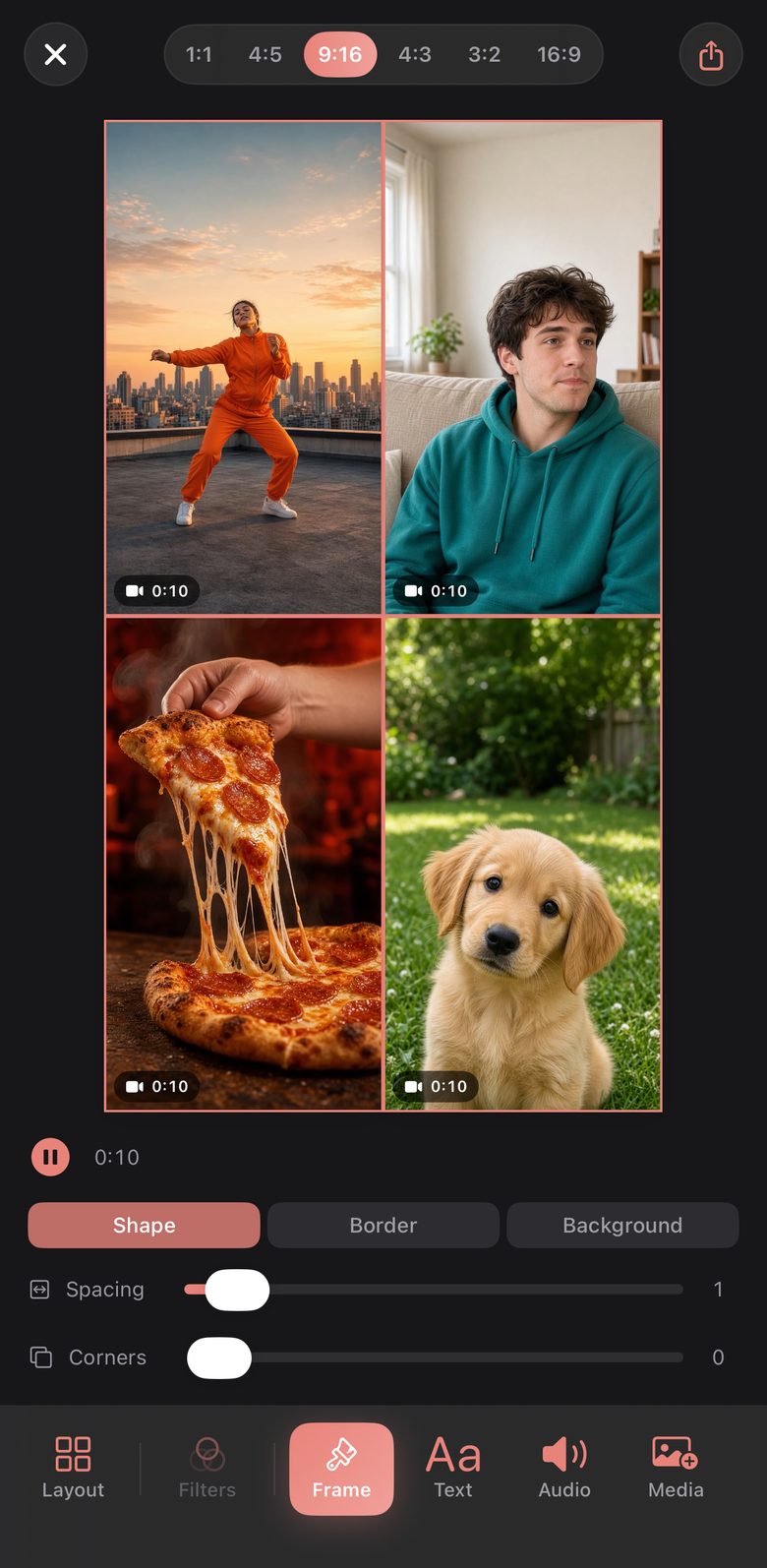 Frame panel under a four-video grid of a dancer, a man laughing, a pizza cheese pull and a puppy, with Shape, Border and Background tabs and sliders for spacing and corners.