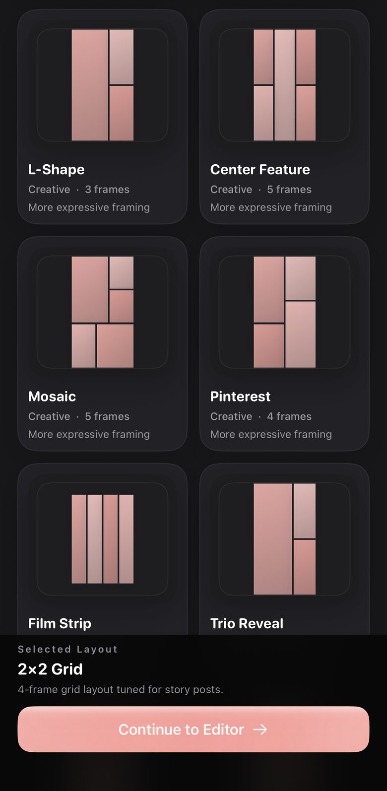 Template picker scrolled to the Creative layouts: L-Shape, Center Feature, Mosaic, Pinterest, Film Strip and Trio Reveal, with the 2×2 Grid selected. 41 layouts in the collection.