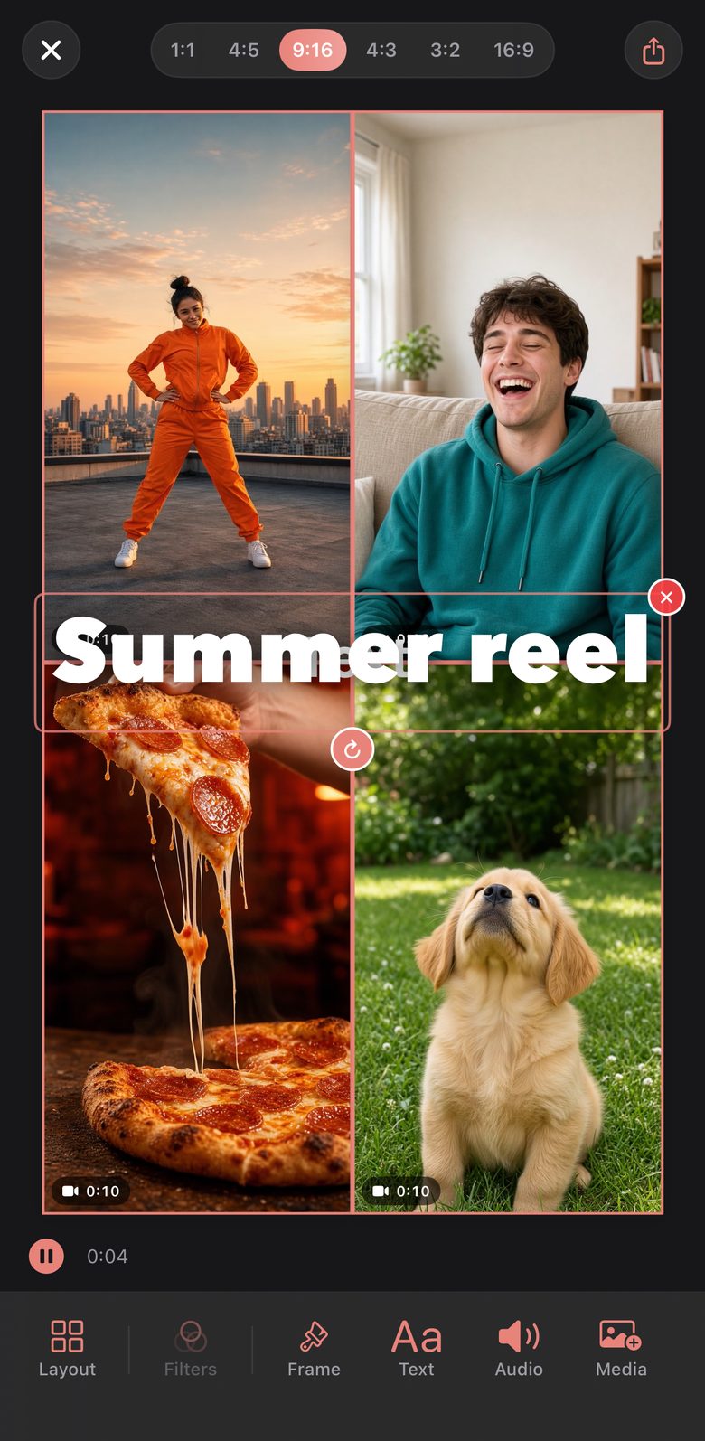 A bold title, Summer reel, placed over a four-video grid.