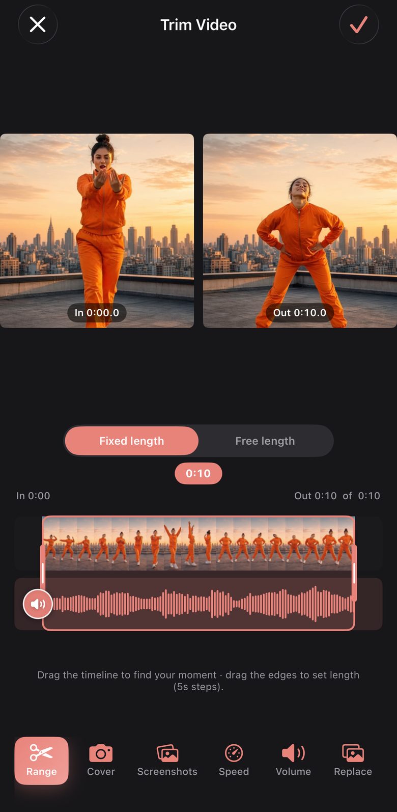 Trim panel with Fixed length and Free length options, a filmstrip of a dancing clip and its waveform with in and out handles.
